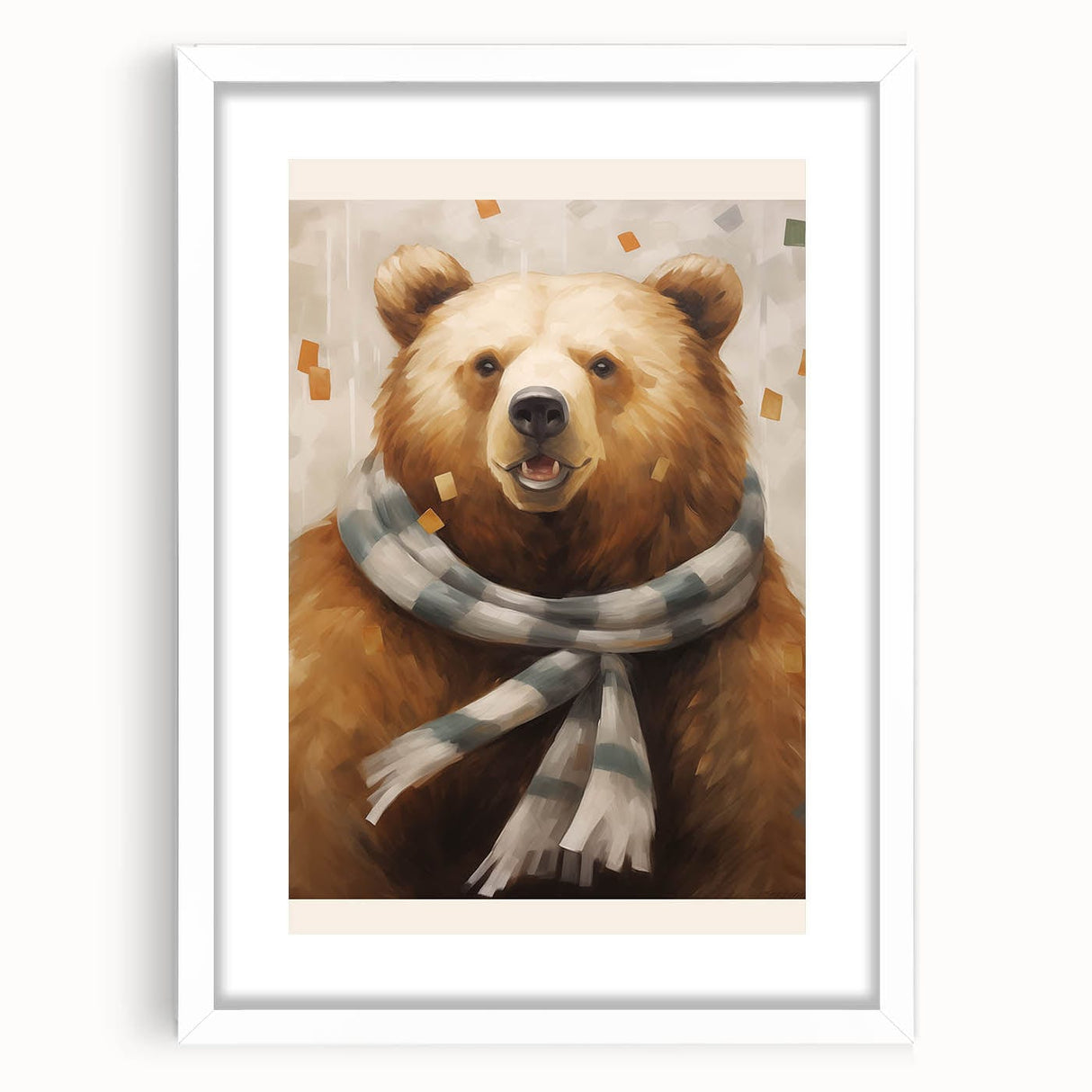 Abstract art print of winter season in muted blue and white tones on a framed canvas, suitable for dining room decor.