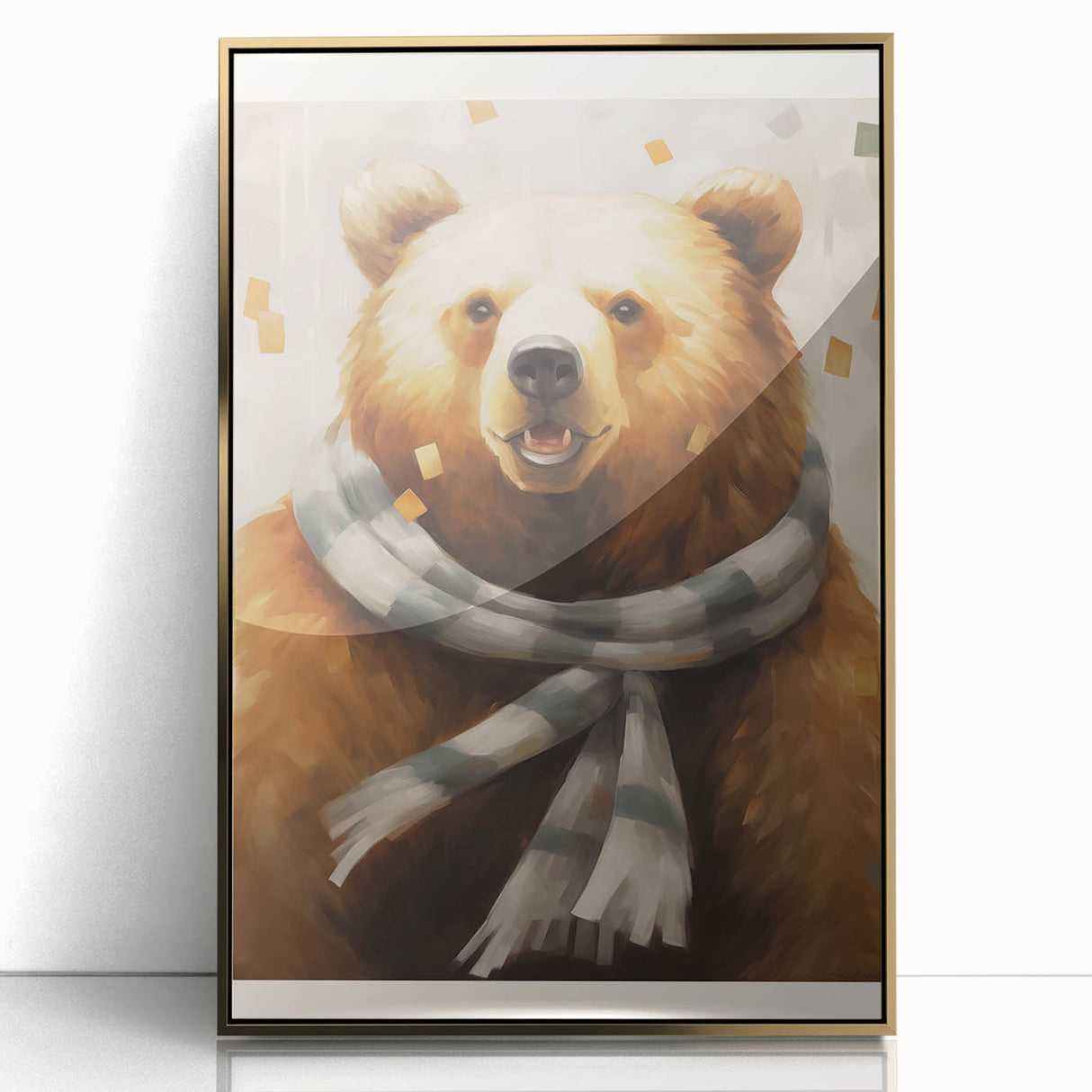 Framed acrylic print of a mid-century modernist winter scene in muted gold tones, ideal for nursery wall decor.