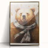 Framed acrylic print of a mid-century modernist winter scene in muted gold tones, ideal for nursery wall decor.