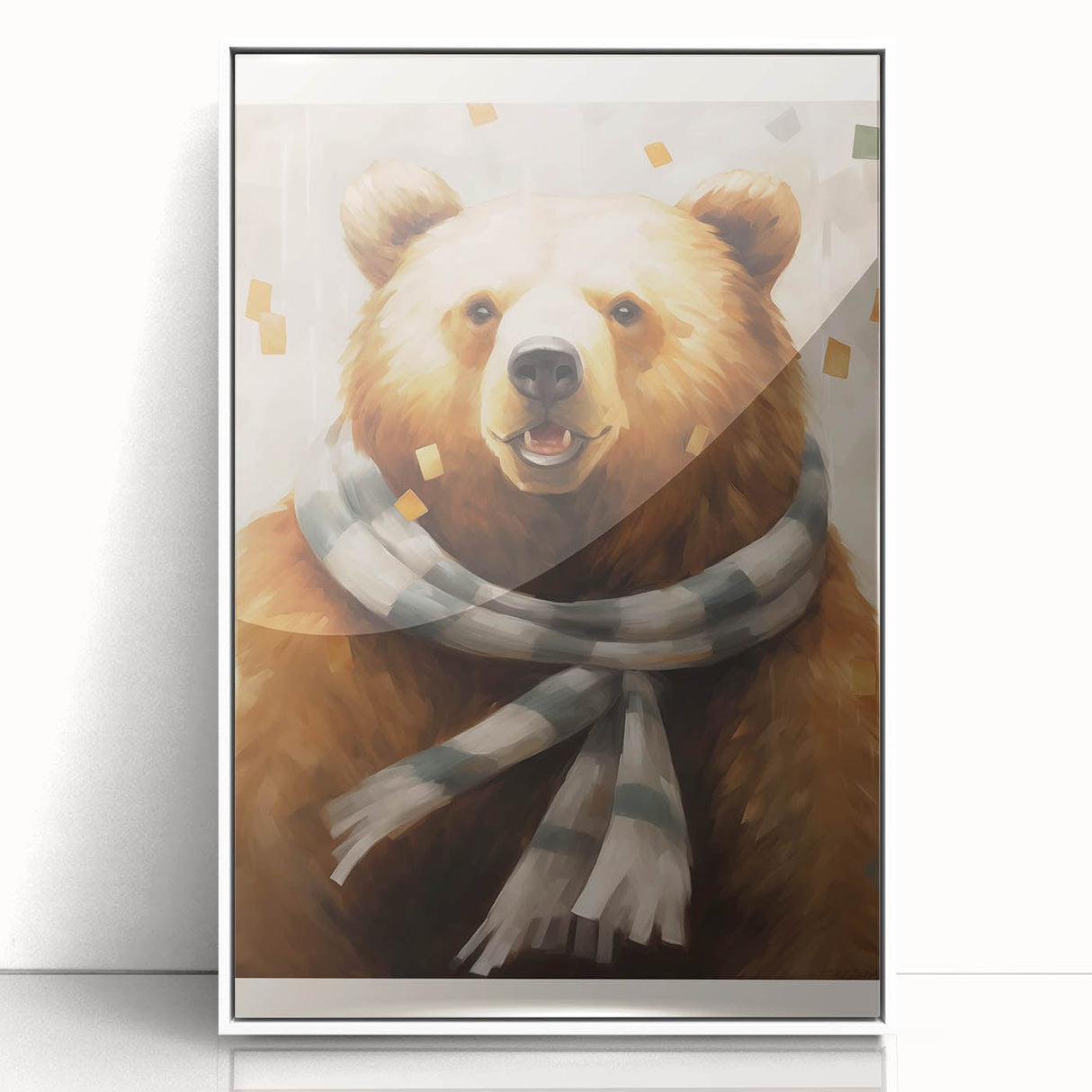 Acrylic print of a winter-themed art deco poster in muted blues and whites, ideal for nursery wall art.