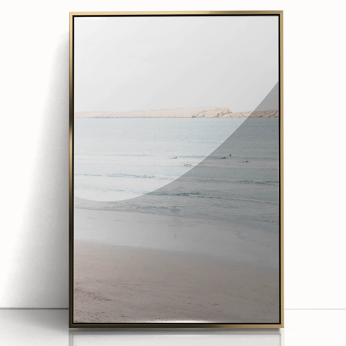 Large art print of a mid-century modernist abstract design in gold and white tones on acrylic.