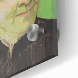 Large abstract wall art print on acrylic, featuring swirling blues and yellows in a mid-century modernist style.