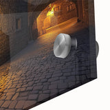 Close-up of an acrylic print showcasing a vibrant landscape with a medieval castle, set against a dramatic sky, perfect for home decor enthusiasts seeking artistic elegance.