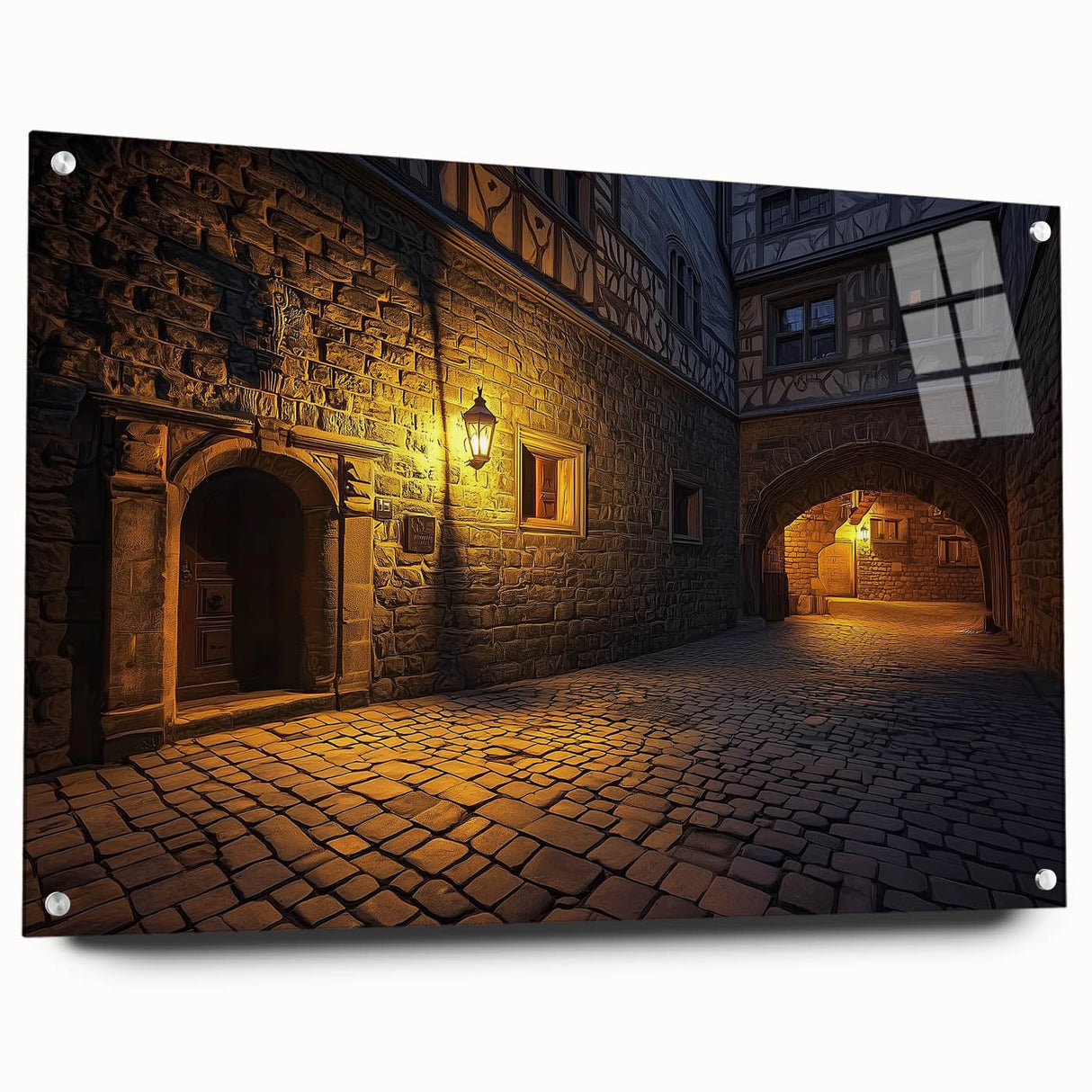 Acrylic glass artwork showcasing a stunning landscape with a castle, viewed from the side with decorative pins. Ideal for home decor, this piece adds elegance to any room.