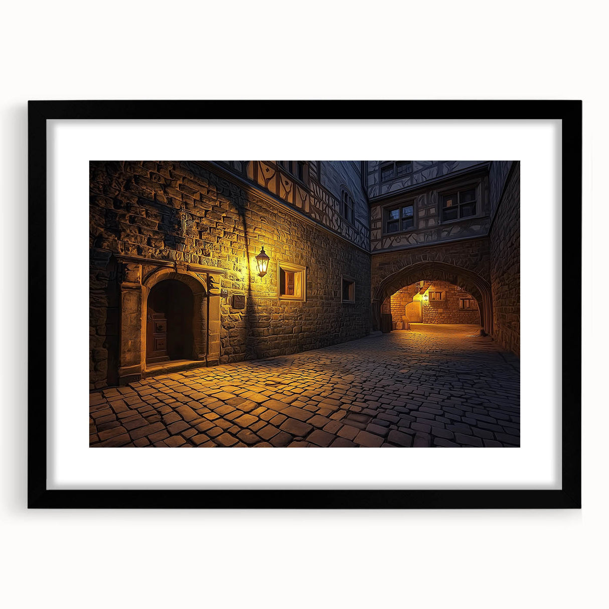 Framed landscape artwork depicting a majestic castle in a serene setting, featuring a sleek black frame and matting, perfect for enhancing home decor.