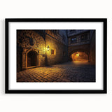 Framed landscape artwork depicting a majestic castle in a serene setting, featuring a sleek black frame and matting, perfect for enhancing home decor.