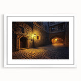 Elegant white-framed landscape painting depicting a serene castle scene, accented with a matting for depth, ideal for home decor or art collections.