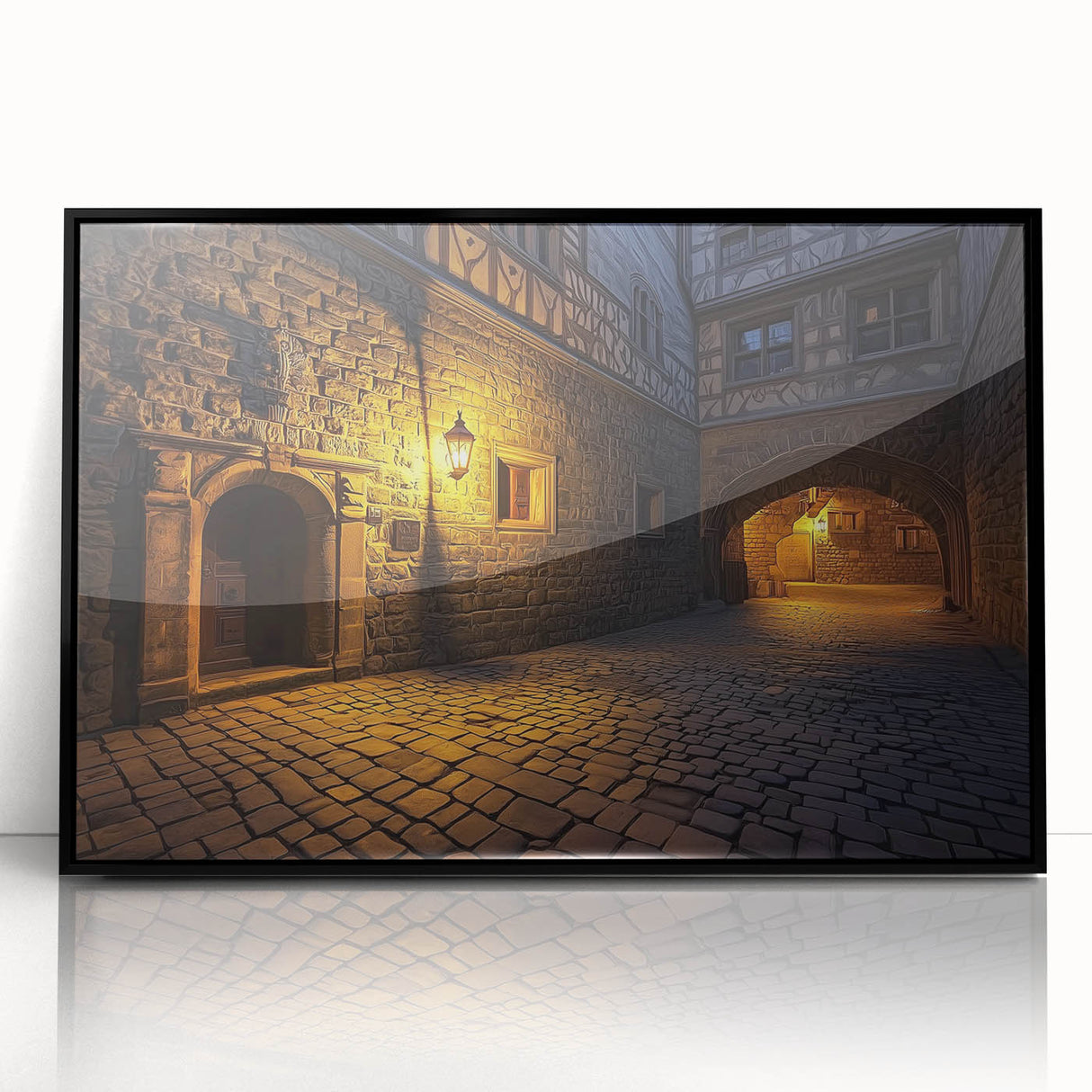 Framed acrylic artwork showcasing a majestic landscape with a castle, set against a vibrant blue sky, featuring a sleek black frame that enhances the visual appeal.
