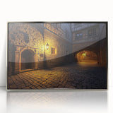 Framed acrylic wall art showcasing a serene landscape with a majestic castle, featuring a sleek silver border and vibrant colors, perfect for home decor.