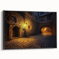 Framed canvas artwork depicting a serene landscape with a medieval castle, featuring a black frame that enhances the vibrant colors and intricate details, ideal for home decor.