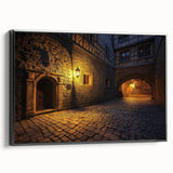 Framed canvas artwork depicting a serene landscape with a medieval castle, featuring a black frame that enhances the vibrant colors and intricate details, ideal for home decor.