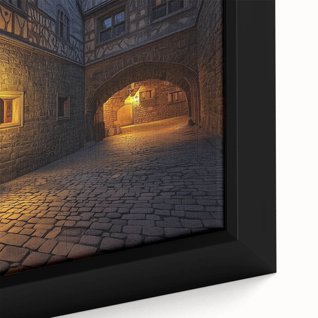 Close-up of a framed canvas print depicting a picturesque landscape with a majestic castle, vibrant colors, and intricate details, perfect for home decor.