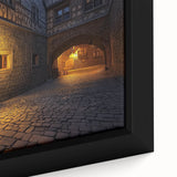 Close-up of a framed canvas print depicting a picturesque landscape with a majestic castle, vibrant colors, and intricate details, perfect for home decor.