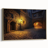 Framed canvas artwork showcasing a picturesque landscape with a majestic castle, elegantly bordered in gold, highlighting intricate details and vibrant colors. Perfect for enhancing home decor with a touch of classic elegance.