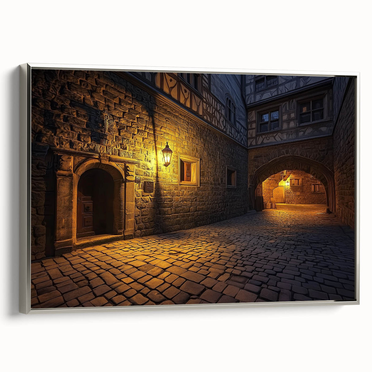 Framed landscape canvas art featuring a majestic castle, embellished with a silver frame, showcasing vibrant colors and intricate details, perfect for home decor.