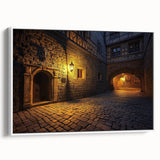 Framed canvas artwork depicting a picturesque landscape with a majestic castle, presented in a sleek white frame, ideal for enhancing home decor. The serene scene features lush greenery and a tranquil sky, perfect for adding a touch of elegance to any living space.