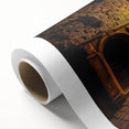 Rolled canvas showcasing a vibrant landscape depiction of a castle, featuring intricate details and rich colors, packaged securely in a protective cardboard tube for shipping.