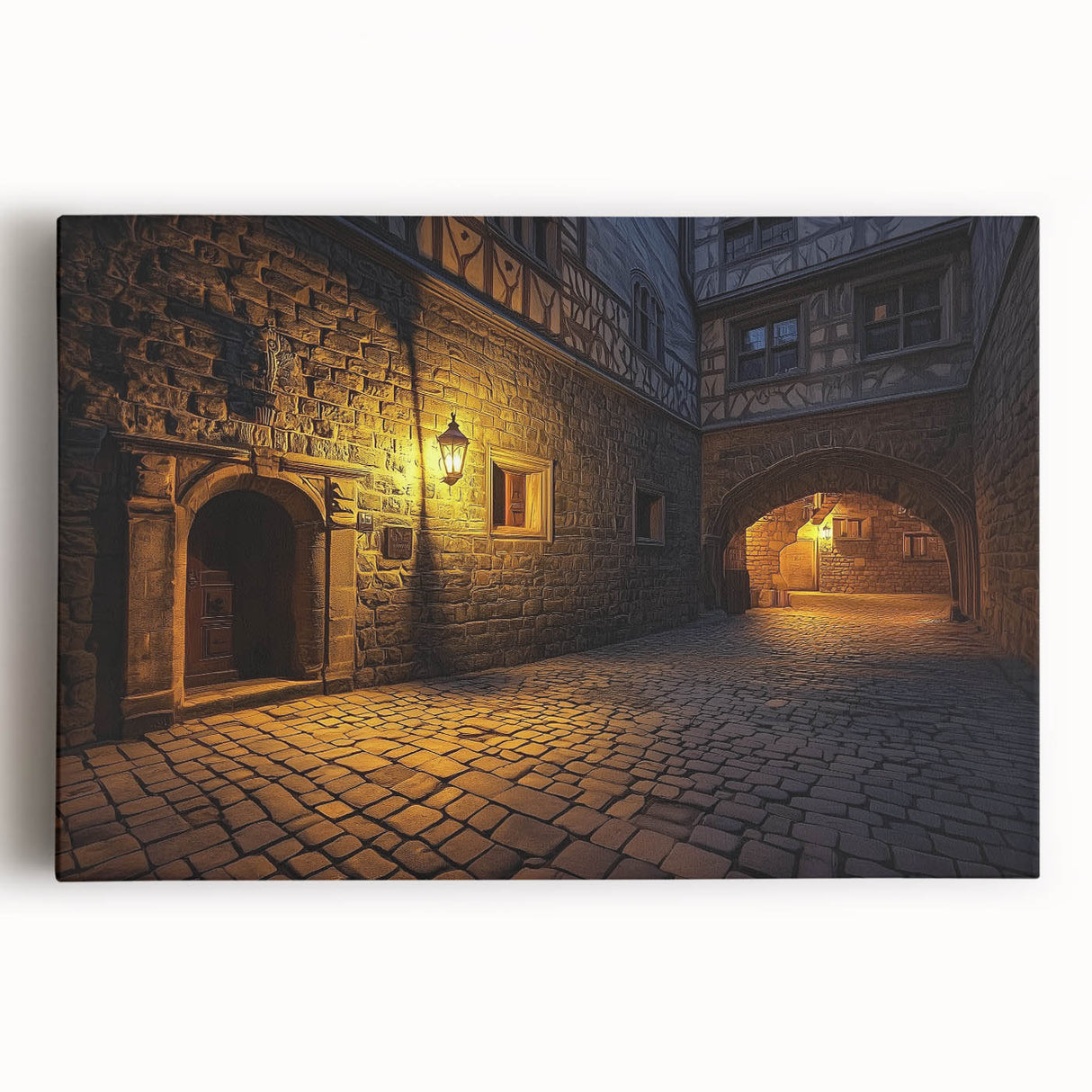 Stretched canvas artwork depicting a stunning landscape with a majestic castle, surrounded by lush greenery and a vibrant blue sky, perfect for home decor.
