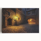 Stretched canvas artwork depicting a stunning landscape with a majestic castle, surrounded by lush greenery and a vibrant blue sky, perfect for home decor.