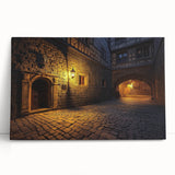 Stretched canvas artwork depicting a vibrant landscape with a majestic castle, showcasing lush greenery and a bright blue sky, ideal for home decor.