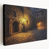 Stretched canvas artwork depicting a serene landscape with a majestic castle surrounded by lush greenery and a tranquil sky, perfect for home decor enthusiasts.