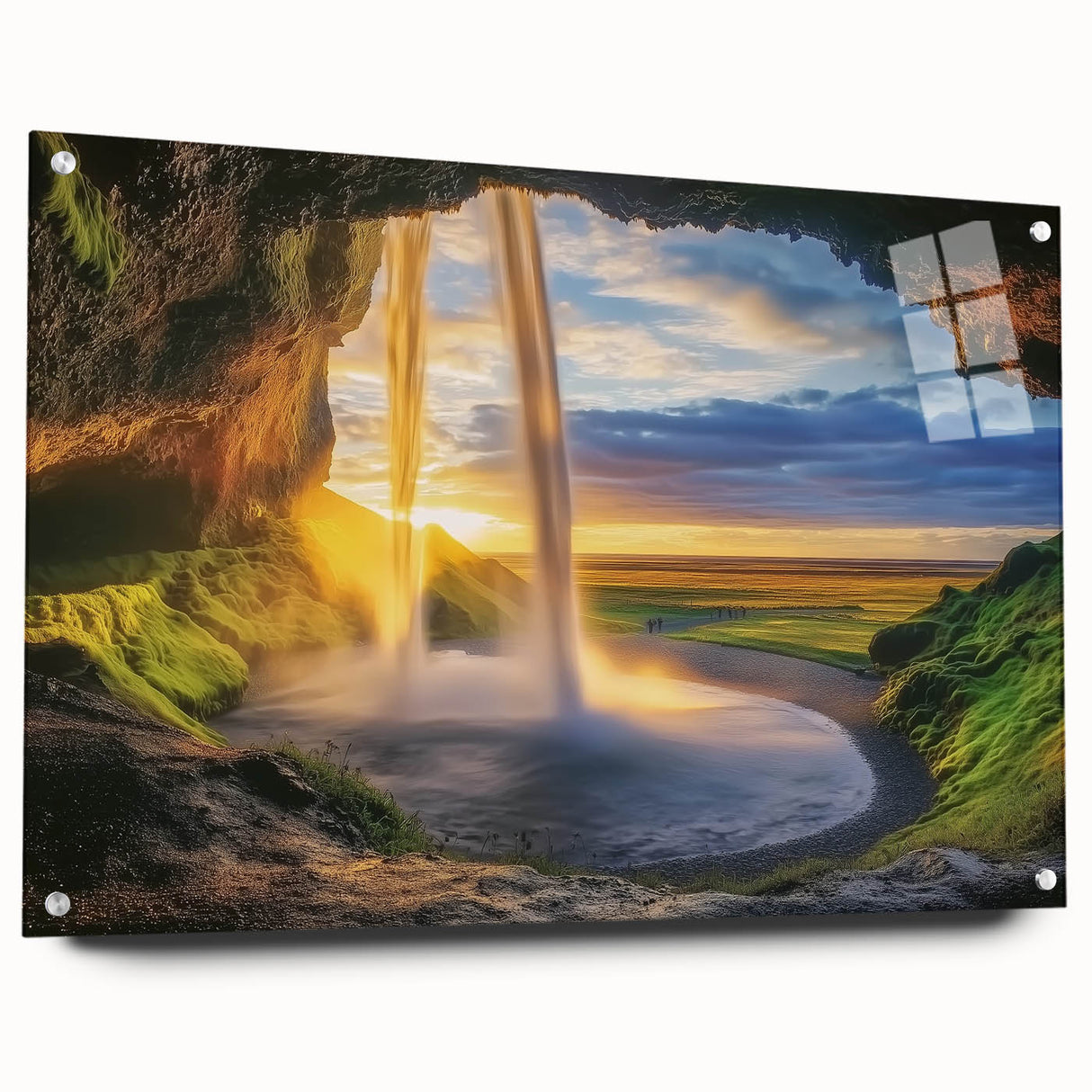 Acrylic glass artwork depicting a vibrant landscape featuring intricate cave formations, presented from a side view with colorful pins for display. Perfect for modern decor.
