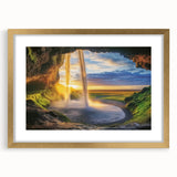 Framed landscape artwork featuring a cave scene with a gold mat, elegantly displayed in a decorative frame, perfect for enhancing interior decor.