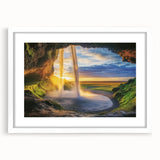 Framed landscape artwork depicting a serene cave scene, featuring earthy tones and intricate details, set against a white mat for an elegant display.