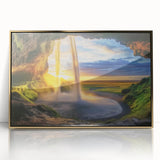 Framed acrylic artwork depicting a stunning landscape with intricate cave formations, featuring gold accents and a contemporary design, perfect for modern decor.
