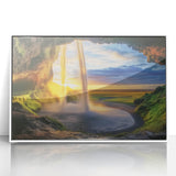 Framed acrylic artwork showcasing a stunning cave landscape in vibrant colors, set against a white frame, ideal for modern home decor and artistic interiors.