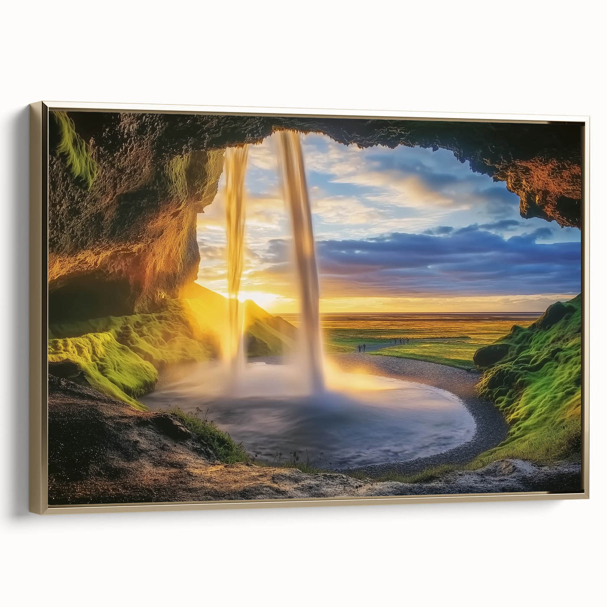 Framed canvas artwork depicting a serene landscape with caves, featuring a gold side profile. Ideal for enhancing home decor with natural beauty and elegance.