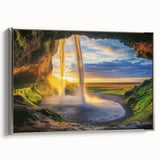 Framed canvas artwork showcasing a stunning landscape of intricate caves, featuring a sleek silver frame that enhances the visual appeal, ideal for modern home decor.