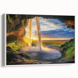 Framed canvas artwork depicting a stunning landscape with intricate cave formations, showcasing vibrant colors and textures, ideal for enhancing modern home decor.