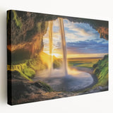 Stretched canvas artwork depicting a serene landscape of caves with rich earthy tones and intricate detailing, perfect for enhancing home decor.