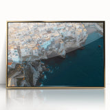 Framed acrylic artwork showcasing a stunning landscape of cliffs with golden accents, perfect for enhancing modern decor in living spaces or offices.