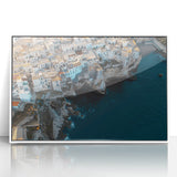 Framed acrylic artwork showcasing a stunning landscape of cliffs, featuring vibrant colors and intricate details, set against a sleek white frame for modern decor.