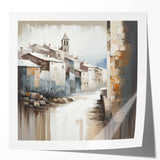 Abstract architecture wall art print featuring geometric shapes in vibrant blue and orange tones, displayed in a modern interior setting to enhance decor.