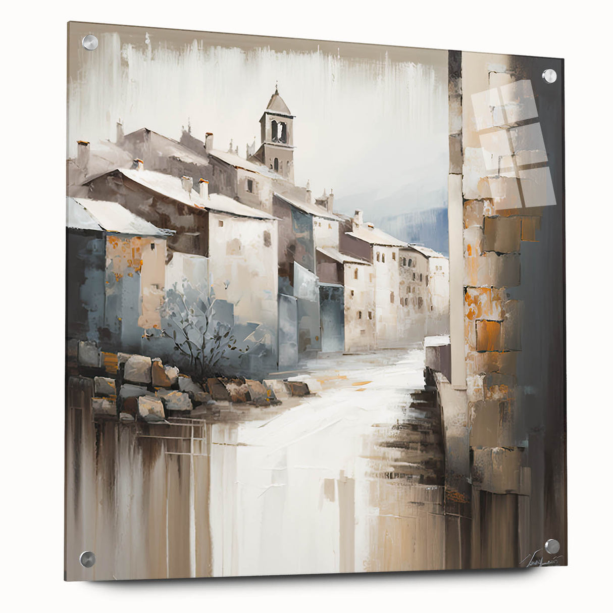 Abstract architectural wall art displayed in a side view, crafted from acrylic glass and featuring metallic pins, perfect for modern interiors. The piece showcases intricate geometric patterns in a vibrant color palette, enhancing contemporary decor.
