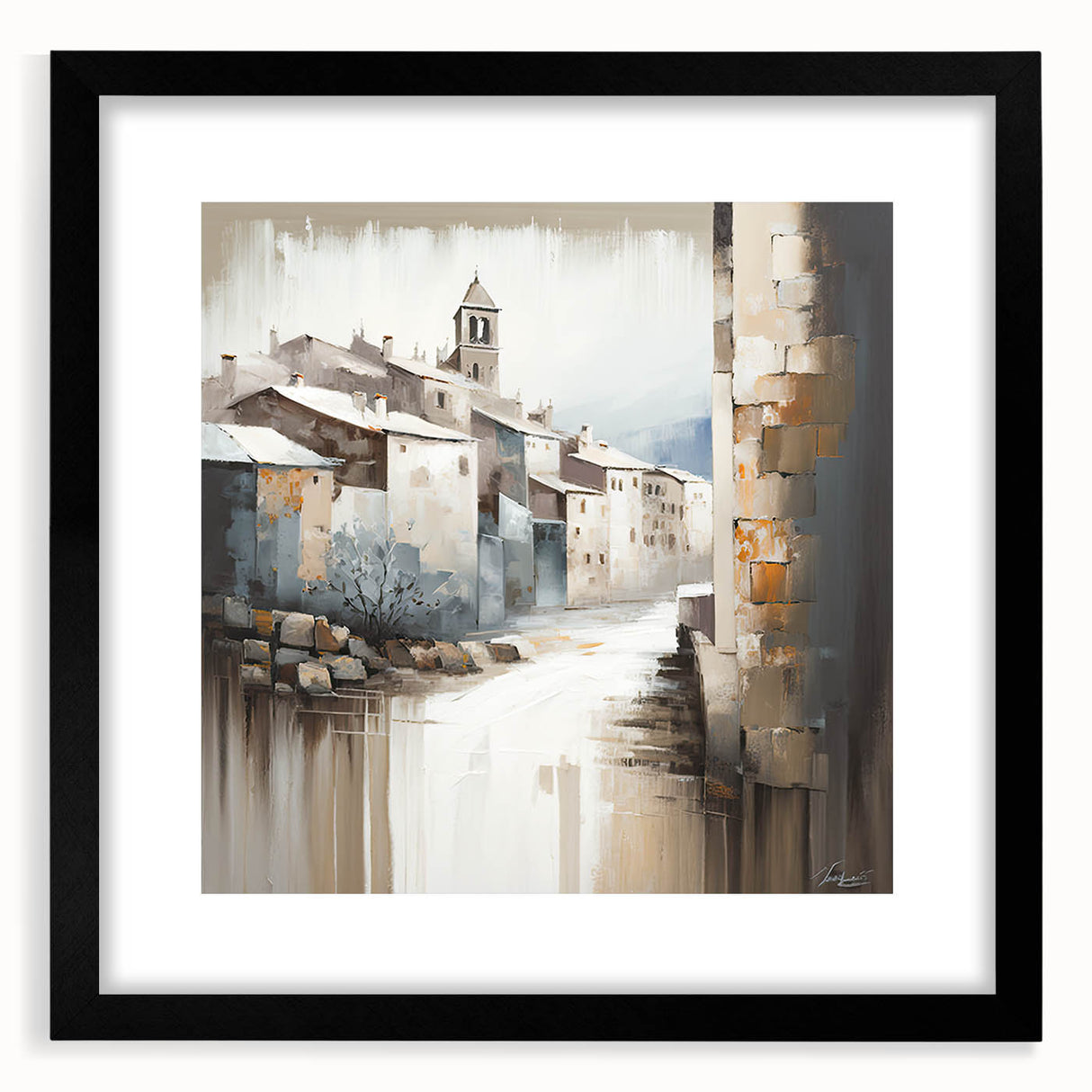 Abstract architectural wall art framed in black with a mat, showcasing geometric shapes and bold colors, perfect for modern interior decor. This stylish piece adds a contemporary touch to any living space or office environment.
