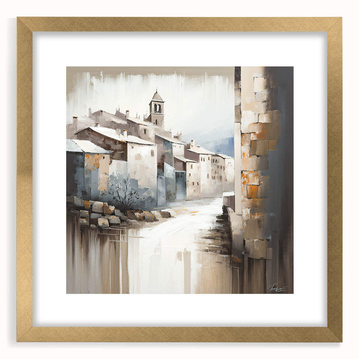 Abstract architectural wall art framed in gold, showcasing a modern design with geometric shapes and soft color gradients, perfect for contemporary decor.