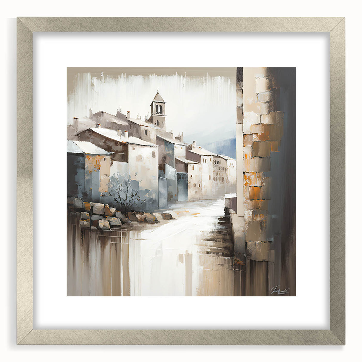 Abstract architecture wall art framed in silver with a mat, showcasing geometric shapes and modern design elements. Ideal for contemporary home decor.