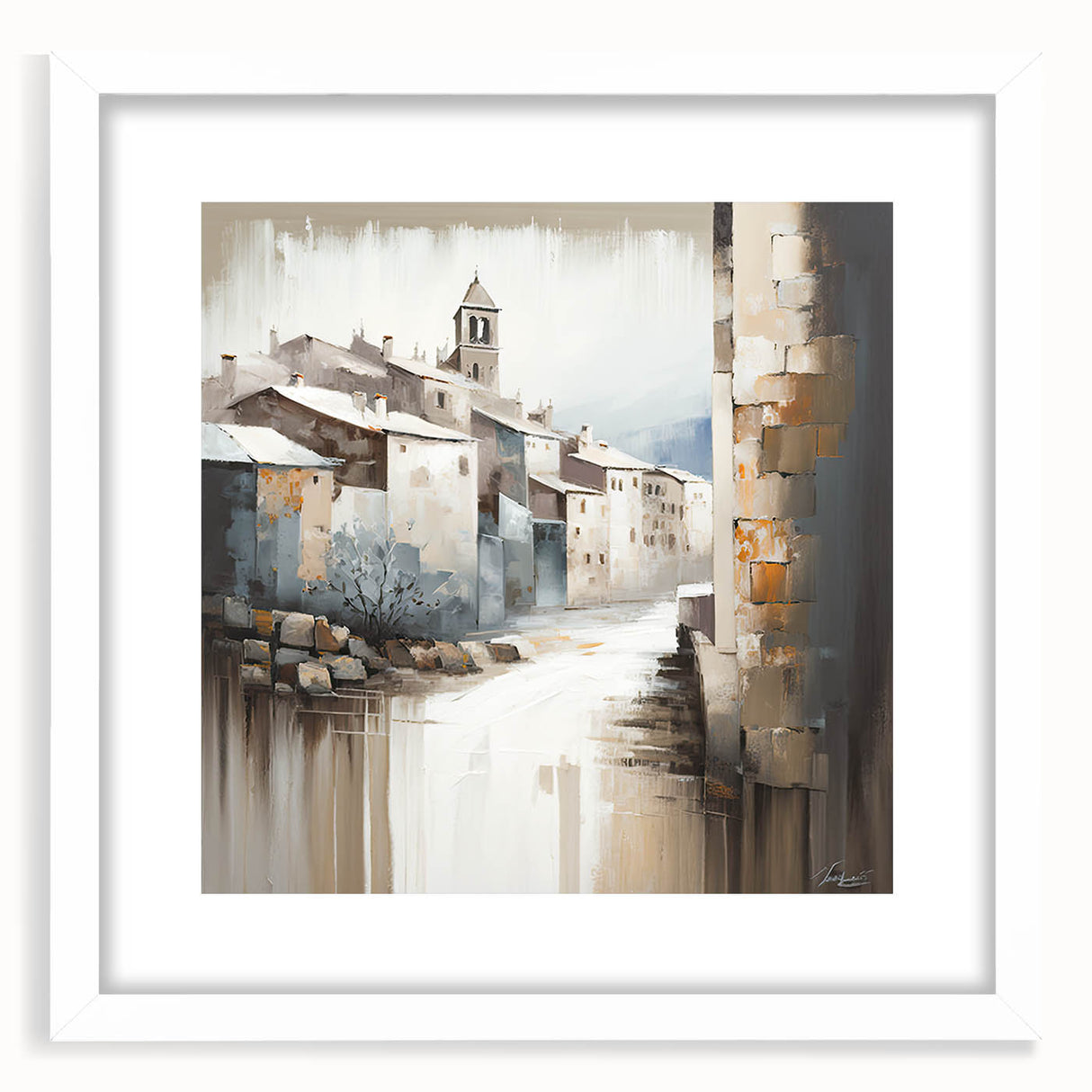 Abstract architectural wall art in a white frame with a mat, showcasing geometric patterns and soft color gradients, ideal for modern home decor.