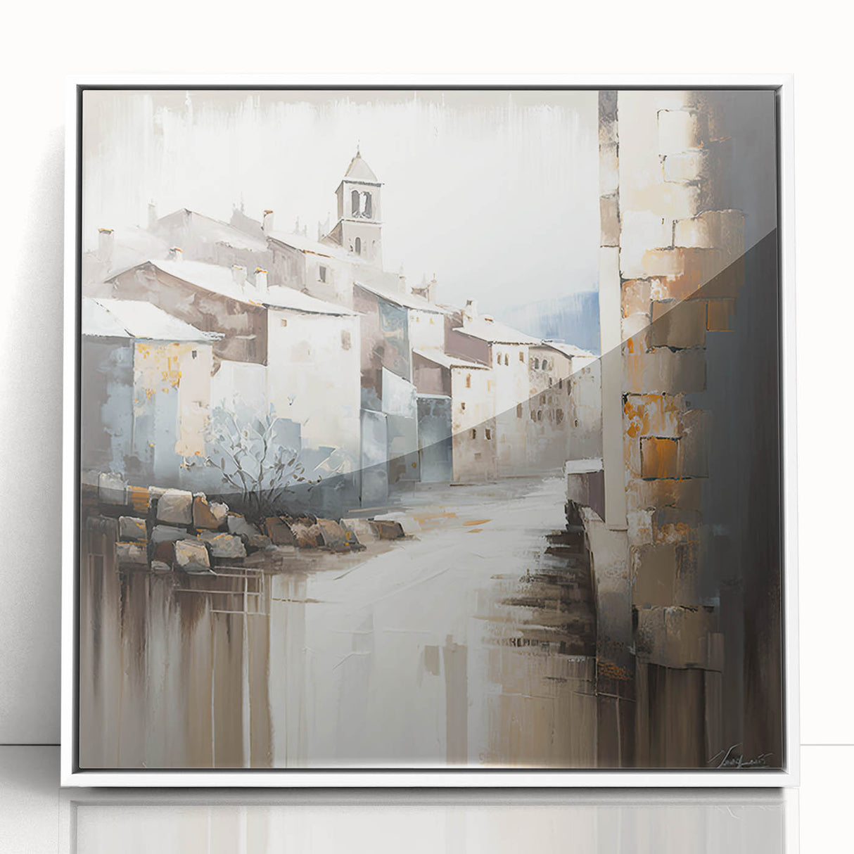 Abstract white-framed wall art depicting modern architectural design with bold geometric shapes and a minimalist aesthetic, perfect for contemporary decor.