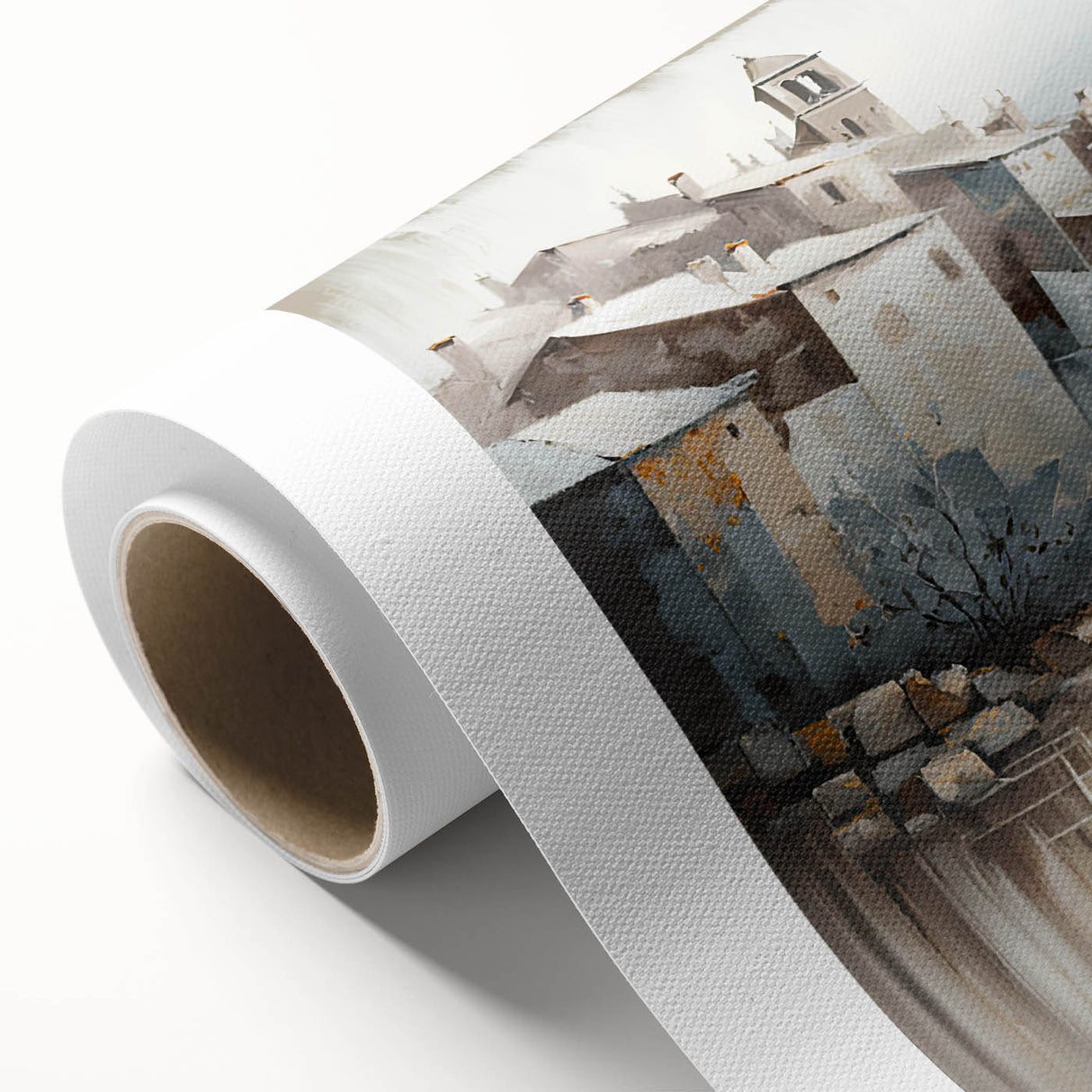 Abstract architecture wall art on rolled canvas showcases vibrant geometric patterns in shades of blue, gray, and white, perfect for modern home decor.