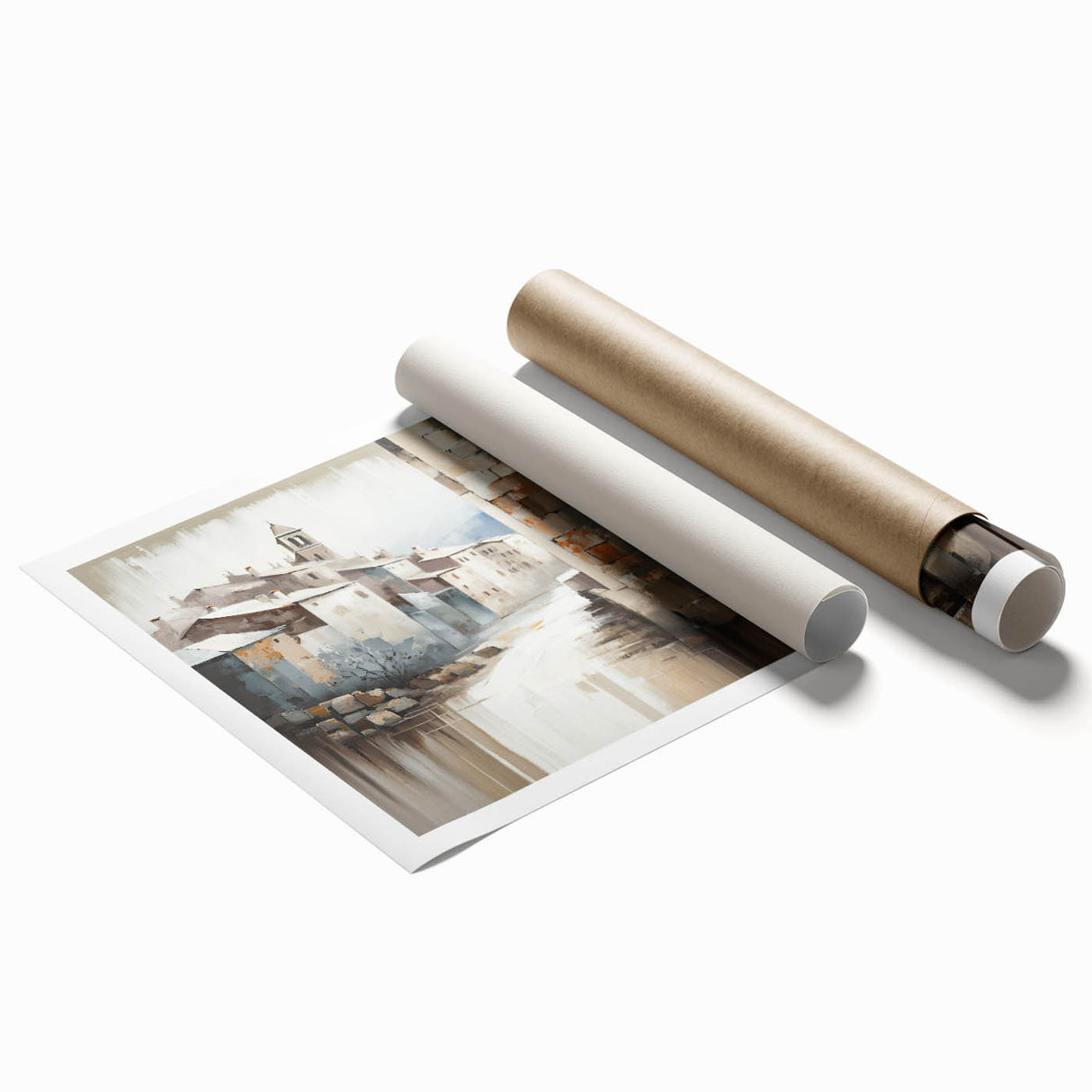 Abstract architectural wall art print showcasing geometric shapes and muted earth tones, rolled and ready for display, perfect for modern home decor.