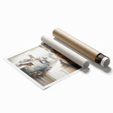 Abstract architectural wall art print showcasing geometric shapes and muted earth tones, rolled and ready for display, perfect for modern home decor.