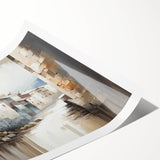 Abstract architectural wall art print showcasing geometric shapes and vibrant colors, rolled and packaged in a protective cardboard tube for easy transport and display.