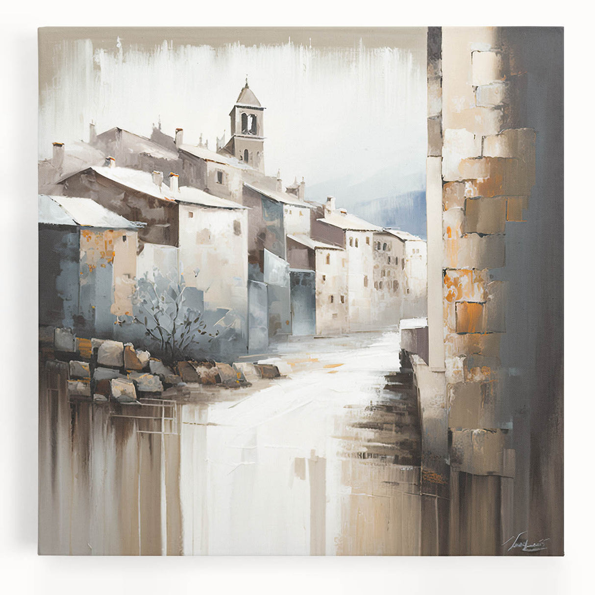 Abstract architectural wall art in a stretched canvas format, showcasing geometric shapes and vibrant colors, perfect for modern home decor and artistic expression.