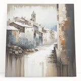 Abstract architectural wall art on stretched canvas, showcasing geometric shapes in blue and gold tones, perfect for modern home decor.