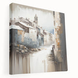 Abstract architectural wall art on stretched canvas, showcasing geometric shapes in vibrant colors. Side view highlights the canvas texture and depth, perfect for modern decor.